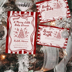 May include: Red and white baby shower invitations and raffle cards with Christmas tree illustrations. The invitation reads "A Merry Little Baby Shower" with event details. The cards are decorated with festive elements.