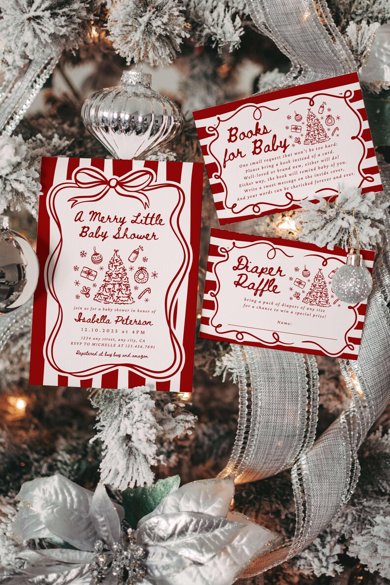 May include: Red and white baby shower invitations and raffle cards with Christmas tree illustrations. The invitation reads "A Merry Little Baby Shower" with event details. The cards are decorated with festive elements.
