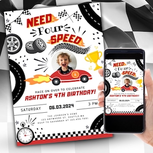 Verjaardagsuitnodiging met vier snelheden nodig, foto 4e verjaardagsuitnodiging, verjaardag race, raceauto verjaardag, rode auto uitnodigen, vierde
