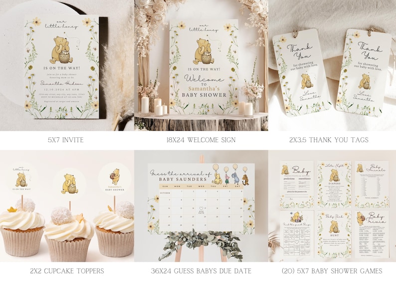 Classic Winnie-the-Pooh Baby Shower Bundle, Winnie Pooh Gender Neutral Baby Shower, Little Honey, Floral, Spring, Wildflower image 2