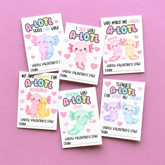 Axolotl Valentine's Day Cards, Axolotl Valentines Cards, Printable Classroom Valentine's Day Cards for Kids, Animal Valentines
