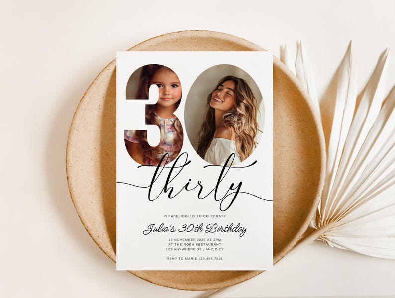 May include: A white invitation card with a black and white photo of two women. The number 30 is cut out of the card and the women's faces are visible through the cutouts. The text "thirty" is written in cursive script below the number. The invitation text reads "Please join us to celebrate Julia's 30th Birthday" and includes the date, time, location, and RSVP information.