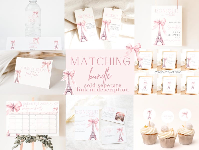 Puede incluir: Un conjunto de decoraciones imprimibles para una fiesta de baby shower con un dise&ntilde;o de Torre Eiffel rosa y blanco. El conjunto incluye carteles, adornos para cupcakes y un calendario para que los invitados firmen. El texto en los carteles dice "Bonjour Baby" y "Bienvenido a la fiesta de baby shower".