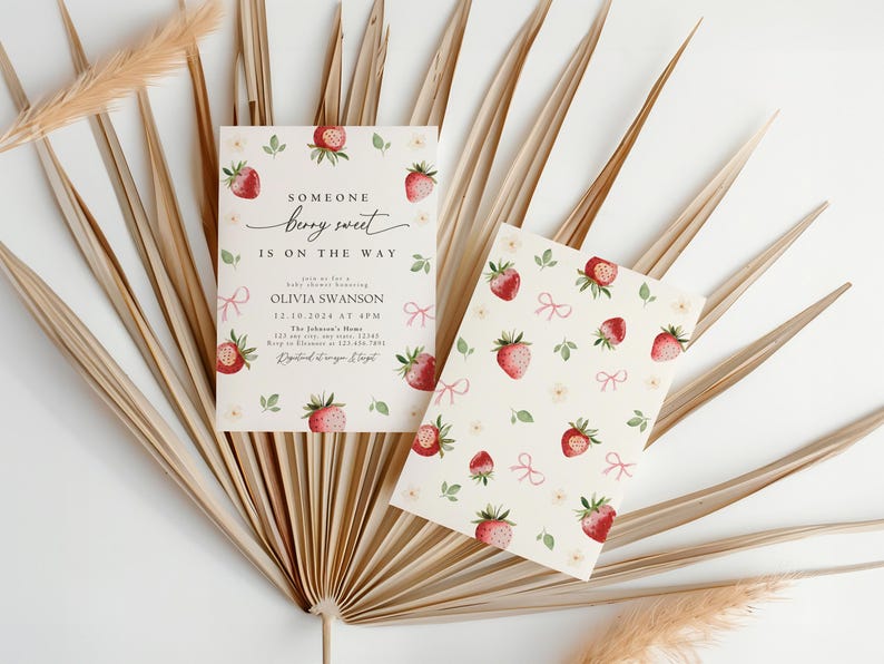 May include: A baby shower invitation with a strawberry pattern. The invitation reads "Someone berry sweet is on the way" and includes the name Olivia Swanson, the date 12.10.2024 at 4PM, and the location "The Johnson's Home".