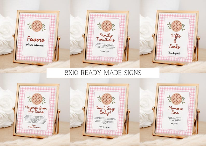Puede incluir: Carteles dorados con bordes de cuadros rosas y textos como "Favors" y "Family Traditions". Cada cartel, con un gr&aacute;fico de tarta, est&aacute; dise&ntilde;ado para un baby shower. El texto "8X10 READY MADE SIGNS" tambi&eacute;n es visible.