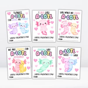 Tarjetas de San Valentín con ajolotes, Tarjetas de San Valentín con ajolotes, Tarjetas de San Valentín imprimibles para el aula para niños, San Valentín con animales imagen 3