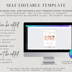 May include: A computer screen displaying a Canva design template for a ballerina-themed birthday party invitation. The text on the screen reads "Tutu cute". The text on the screen says "Customize on Canva, Free & Easy To Use!"
