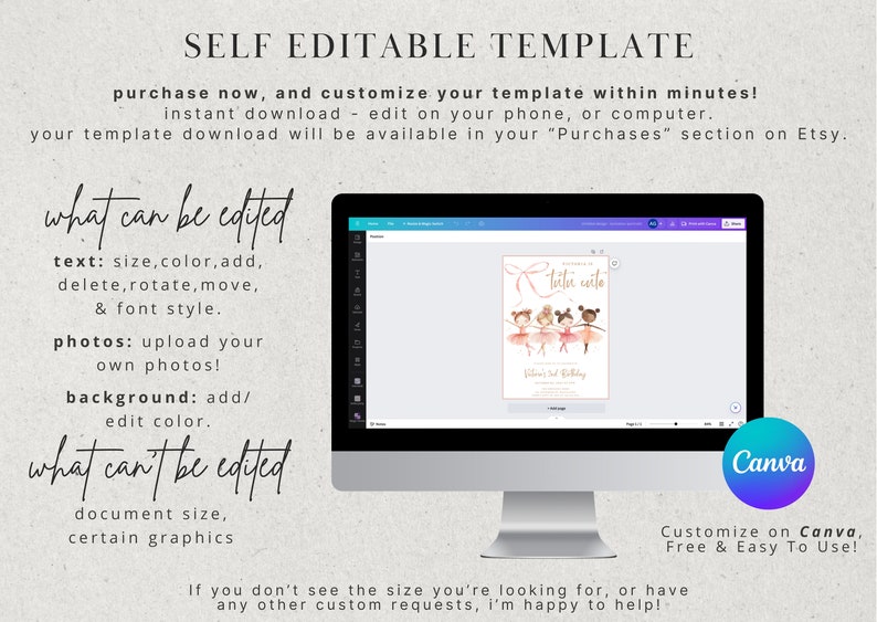 May include: A computer screen displaying a Canva design template for a ballerina-themed birthday party invitation. The text on the screen reads "Tutu cute". The text on the screen says "Customize on Canva, Free & Easy To Use!"