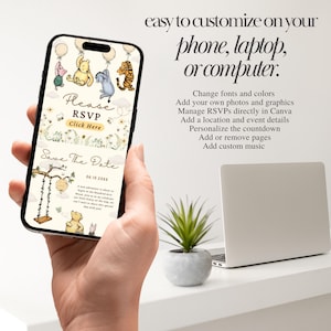 May include: A smartphone displaying a digital invitation template featuring Winnie the Pooh characters, balloons, and floral illustrations. The screen shows text including Please RSVP, Save The Date, and a date of 06.10.20XX, with customization instructions listed nearby.