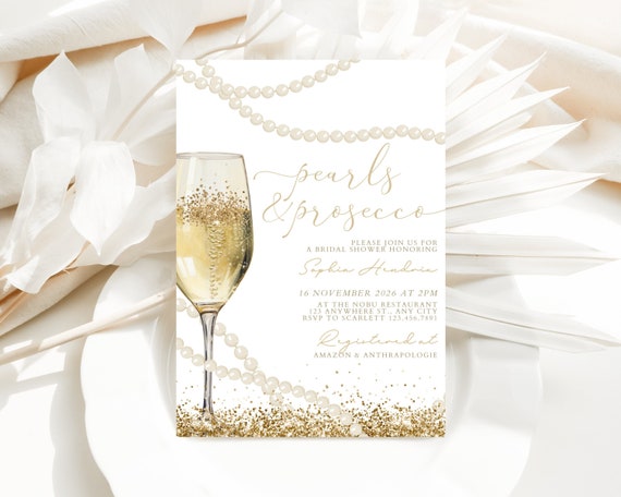 Pearls and Prosecco Bridal Shower Invite, Bridal Invite, Bridal Shower Invitation, Boho, Pretty, Minimalist Bridal Invitation, Digital