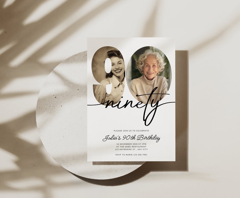 Puede incluir: Una tarjeta de invitaci&oacute;n blanca con texto negro y una foto de una mujer en el n&uacute;mero 90. El texto dice "Por favor, &uacute;nase a nosotros para celebrar el 90 cumplea&ntilde;os de Julia el 16 de noviembre de 2016 a las 2 PM en el restaurante Nobu 123 Anywhere St. Any City RSVP a Marie 123.456.7891"