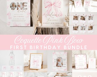 May include: A pink and white first birthday party printable bundle with a watercolor pink bow theme. The bundle includes a welcome sign, a birthday invitation, a photo card, a water bottle label, cupcake toppers, and other party decor.