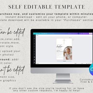 May include: A computer screen displaying a Canva design template for a baptism invitation. The template features a gold cross, a white arch, and a photo of a baby girl. The text on the template reads "Baptism" and "Olivia Villanueva". The text "Customize on Canva, Free & Easy To Use!" is displayed below the computer screen.