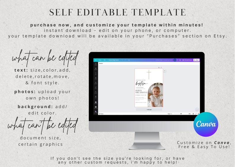 May include: A computer screen displaying a Canva design template for a baptism invitation. The template features a gold cross, a white arch, and a photo of a baby girl. The text on the template reads "Baptism" and "Olivia Villanueva". The text "Customize on Canva, Free & Easy To Use!" is displayed below the computer screen.