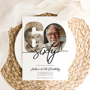 May include: A white invitation card with a black and white photo of a man and a young boy. The number 60 is in the background with the word "sixty" written in cursive. The text on the card reads "Please join us to celebrate John's 60th Birthday 18 November 2025 at 2pm at the Nobu Restaurant 123 Anywhere St. Any City RSVP to Marie 123.456.7891"