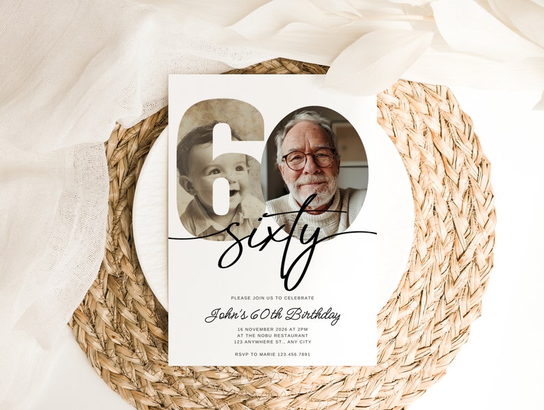 May include: A white invitation card with a black and white photo of a man and a young boy. The number 60 is in the background with the word "sixty" written in cursive. The text on the card reads "Please join us to celebrate John's 60th Birthday 18 November 2025 at 2pm at the Nobu Restaurant 123 Anywhere St. Any City RSVP to Marie 123.456.7891"