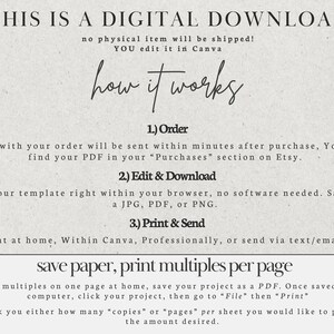 May include: A digital download guide with instructions on how to order, edit, and print a PDF file. The text says "This is a digital download, no physical item will be shipped! You edit it in Canva. How it works: 1. Order, 2. Edit & Download, 3. Print & Send. Save paper, print multiples per page."
