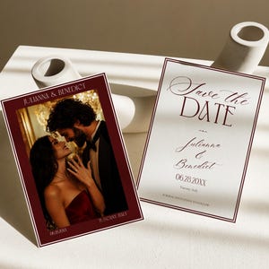 May include: A rectangular Save the Date card and a photo card with a deep red border. The photo card features a couple and the text Julianna & Benedict, Tuscany, Italy, 06.28.20XX. The Save the Date card displays the text Save the Date, Julianna & Benedict, 06.28.20XX, Tuscany, Italy, and Formal invitation to follow.