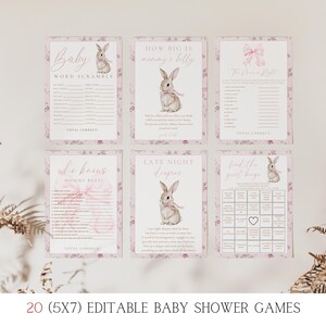 Op de afbeelding: Set van 20 printbare babyshower-spellen met een roze bloemenontwerp met een konijnenillustratie. De spellen omvatten "Baby Word Scramble", "How Big Is Mommy's Belly", "Who Knows Mommy Best", "Late Night Diapers", "Find the Guest Bingo" en "The Price is Right".