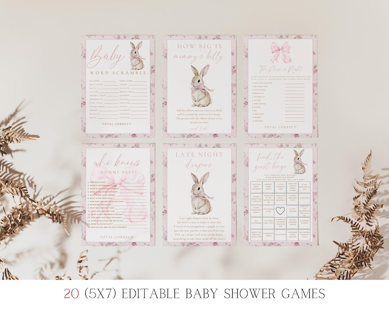 Op de afbeelding: Set van 20 printbare babyshower-spellen met een roze bloemenontwerp met een konijnenillustratie. De spellen omvatten "Baby Word Scramble", "How Big Is Mommy's Belly", "Who Knows Mommy Best", "Late Night Diapers", "Find the Guest Bingo" en "The Price is Right".