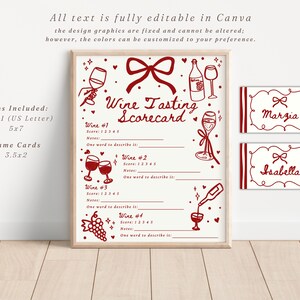 Pu&ograve; includere: Un tabellone di degustazione di vini incorniciato con un design rosso e bianco. Il tabellone include spazi per note e punteggi del vino, insieme a biglietti da visita. Il testo "Wine Tasting Scorecard" &egrave; visualizzato in modo prominente.