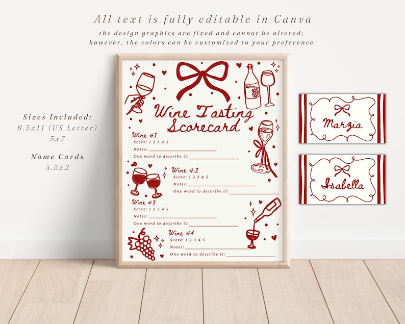 Pu&ograve; includere: Un tabellone di degustazione di vini incorniciato con un design rosso e bianco. Il tabellone include spazi per note e punteggi del vino, insieme a biglietti da visita. Il testo "Wine Tasting Scorecard" &egrave; visualizzato in modo prominente.