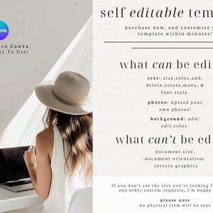 Puede incluir: Una plantilla de Canva editable. El texto dice "plantilla editable", "&iexcl;compra ahora y personaliza tu plantilla en minutos!", "lo que se puede editar", "texto: tama&ntilde;o, color, agregar, eliminar, rotar, mover y estilo de fuente", "fotos: &iexcl;sube tus propias fotos!", "fondo: agregar/editar color", "lo que no se puede editar", "tama&ntilde;o del documento, orientaci&oacute;n del documento, ciertos gr&aacute;ficos", "&iexcl;Si no encuentras el tama&ntilde;o que buscas o tienes otras solicitudes personalizadas, estoy aqu&iacute; para ayudarte!", "tenga en cuenta", "no se enviar&aacute; ning&uacute;n art&iacute;culo f&iacute;sico".