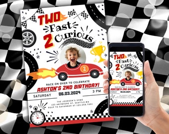 Two Fast Birthday Invite, Growing up Two Fast Boy Race Car 2nd Birthday Party Invite Two Fast 2 Curious Race Car Invite with Photo, 2nd Bday