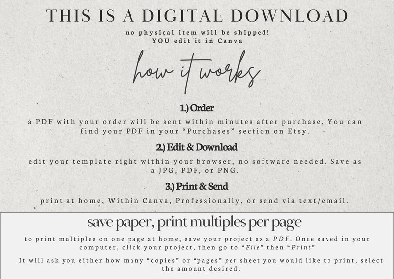 May include: Cream-colored digital download instructions with the text "THIS IS A DIGITAL DOWNLOAD" and "how it works." The steps include ordering, editing and downloading, and printing. Instructions on saving paper are also included.