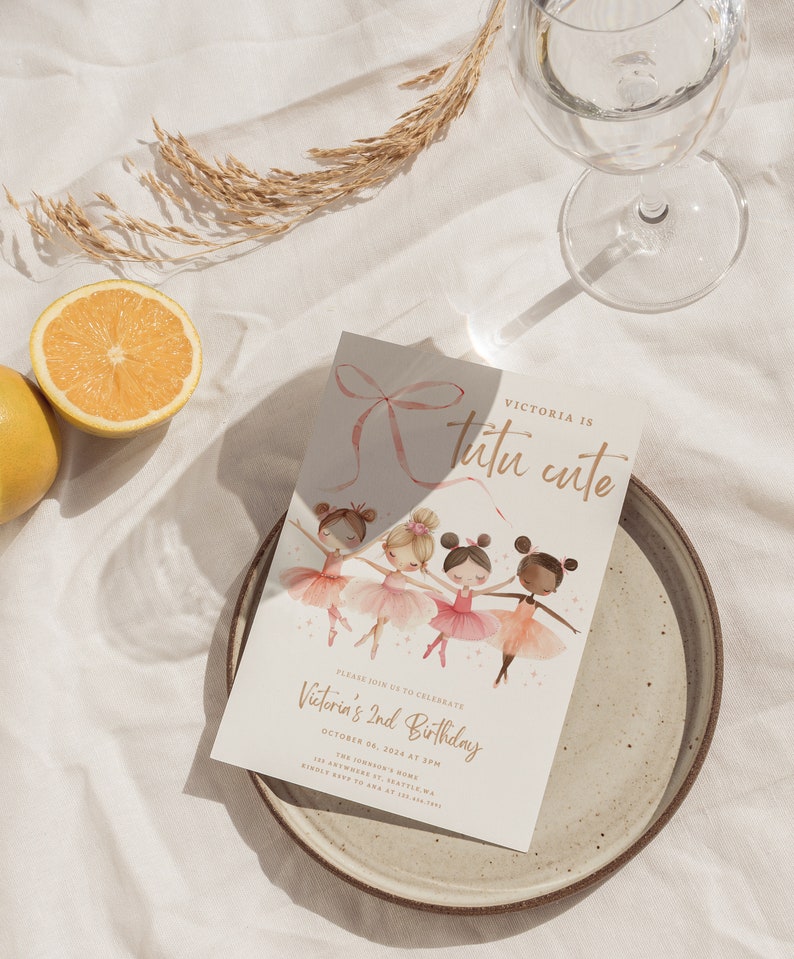 May include: A pink and gold birthday invitation with a watercolor illustration of four girls wearing tutus and holding pink ribbons. The text reads "Victoria is tutu cute" and "Please join us to celebrate Victoria's 2nd Birthday, October 04, 2024 at 3PM".