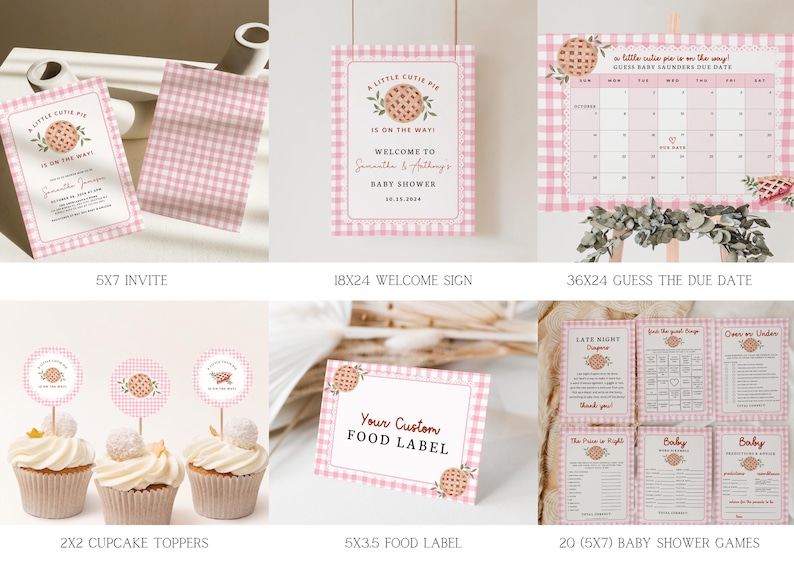 Puede incluir: Un conjunto de papeler&iacute;a para baby shower con un patr&oacute;n de cuadros rosa y un gr&aacute;fico de tarta. Incluye invitaciones, un letrero de bienvenida, un calendario, adornos para cupcakes, etiquetas de comida y juegos para baby shower. El texto dice "A Little Cutie Pie is on the Way!"
