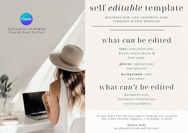 May include: A woman wearing a sun hat sits at a desk with a laptop. Text on the right side of the image reads "self editable template" and details what can and can't be edited. The Canva logo is in the upper left corner.