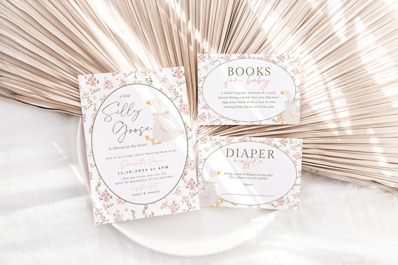 Little Silly Goose Baby Shower Bundle, Vintage Floral Goose Invite Games Signs Bundle, Pink Greenery Girls Baby Shower Boho Editable Digital image 4
