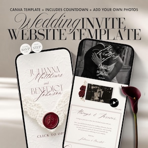 May include: A digital wedding invitation website template displayed on two smartphones. The design features cream textured backgrounds, dark red wax seals, lace accents, and elegant serif typography. Text includes CANVA TEMPLATE, WEDDING INVITE WEBSITE TEMPLATE, JULIANNA MATTHEWS and BENEDICT JOHNSON, and ALWAYS & FOREVER.