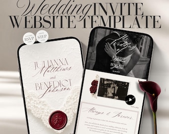 May include: A digital wedding invitation website template displayed on two smartphones. The design features cream textured backgrounds, dark red wax seals, lace accents, and elegant serif typography. Text includes CANVA TEMPLATE, WEDDING INVITE WEBSITE TEMPLATE, JULIANNA MATTHEWS and BENEDICT JOHNSON, and ALWAYS & FOREVER.