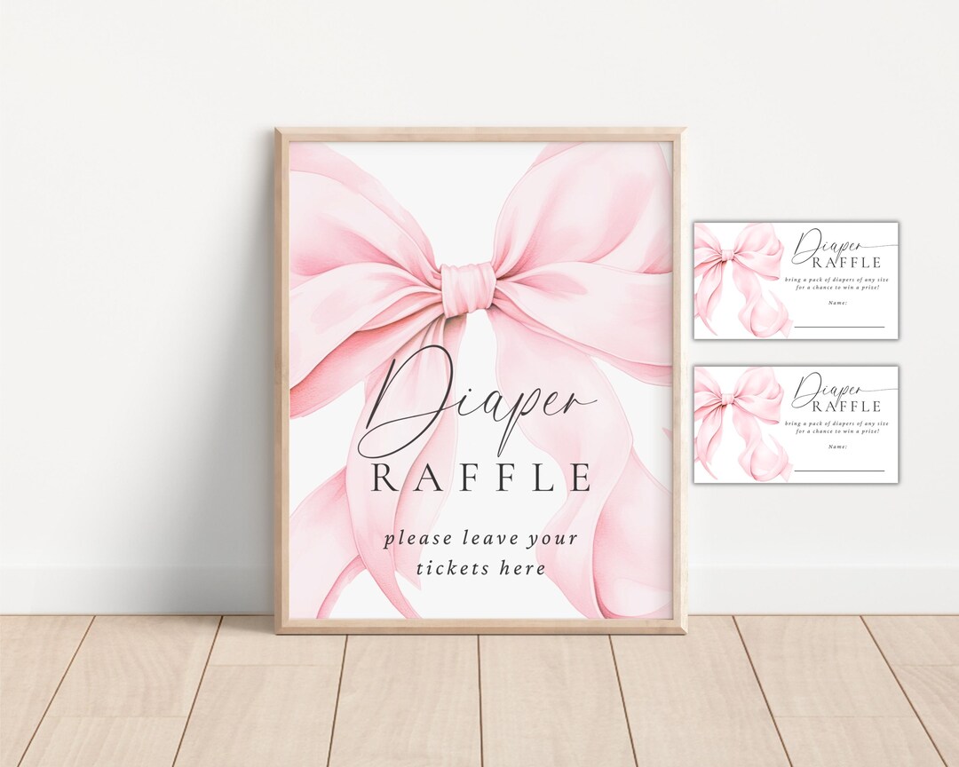 Pink Ribbon G Raffle Printable Pink Bow Diaper Raffle Sign and Cards, Pink Watercolor Ribbon ...