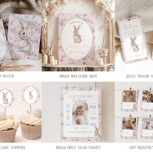 May include: A set of printable party decorations featuring a cute bunny rabbit with floral accents. The set includes an invitation, welcome sign, thank you tags, cupcake toppers, a first year chart, and a monthly banner.