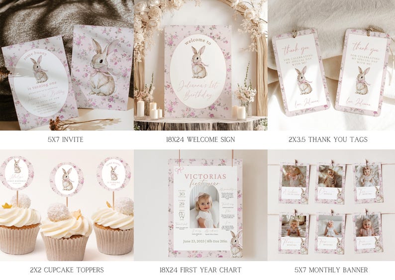 May include: A set of printable party decorations featuring a cute bunny rabbit with floral accents. The set includes an invitation, welcome sign, thank you tags, cupcake toppers, a first year chart, and a monthly banner.