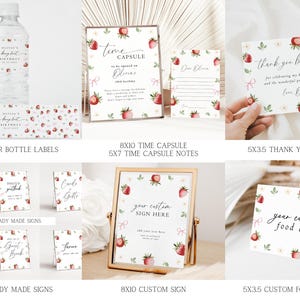 May include: Printable party decorations featuring a strawberry theme. Includes water bottle labels, time capsule notes, thank you cards, ready-made signs, a custom sign, and food labels. All designs feature a watercolor strawberry pattern with pink accents.
