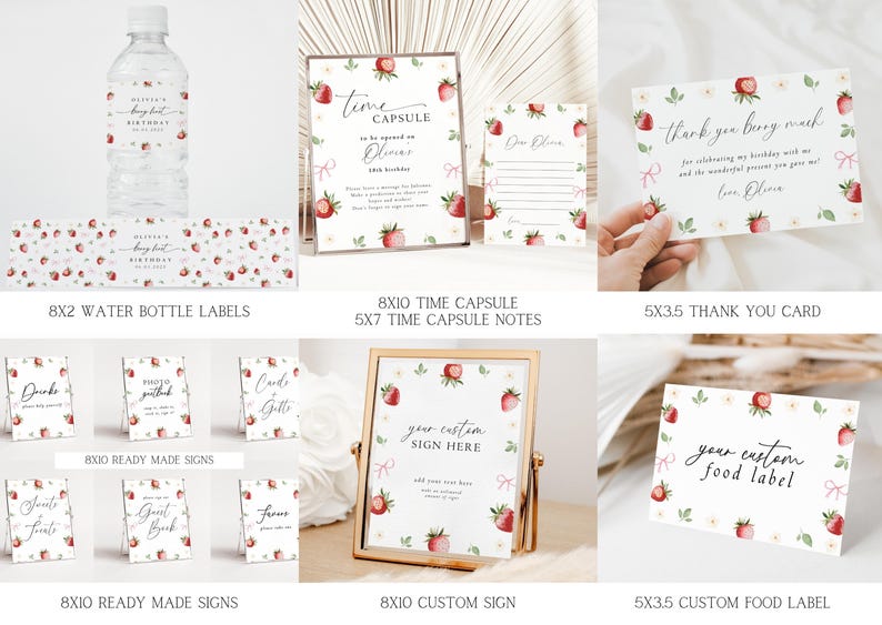 May include: Printable party decorations featuring a strawberry theme. Includes water bottle labels, time capsule notes, thank you cards, ready-made signs, a custom sign, and food labels. All designs feature a watercolor strawberry pattern with pink accents.