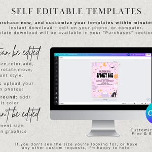 Puede incluir: Una pantalla de ordenador que muestra una plantilla de invitaci&oacute;n a una fiesta de Halloween de color rosa y morado con un gato negro y el texto "Come to a Spooky One Halloween Party". El texto "Customize on Canva, Free & Easy To Use!" se muestra debajo de la pantalla.