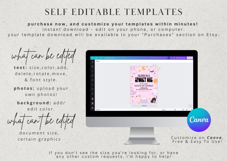Puede incluir: Una pantalla de ordenador que muestra una plantilla de invitaci&oacute;n a una fiesta de Halloween de color rosa y morado con un gato negro y el texto "Come to a Spooky One Halloween Party". El texto "Customize on Canva, Free & Easy To Use!" se muestra debajo de la pantalla.