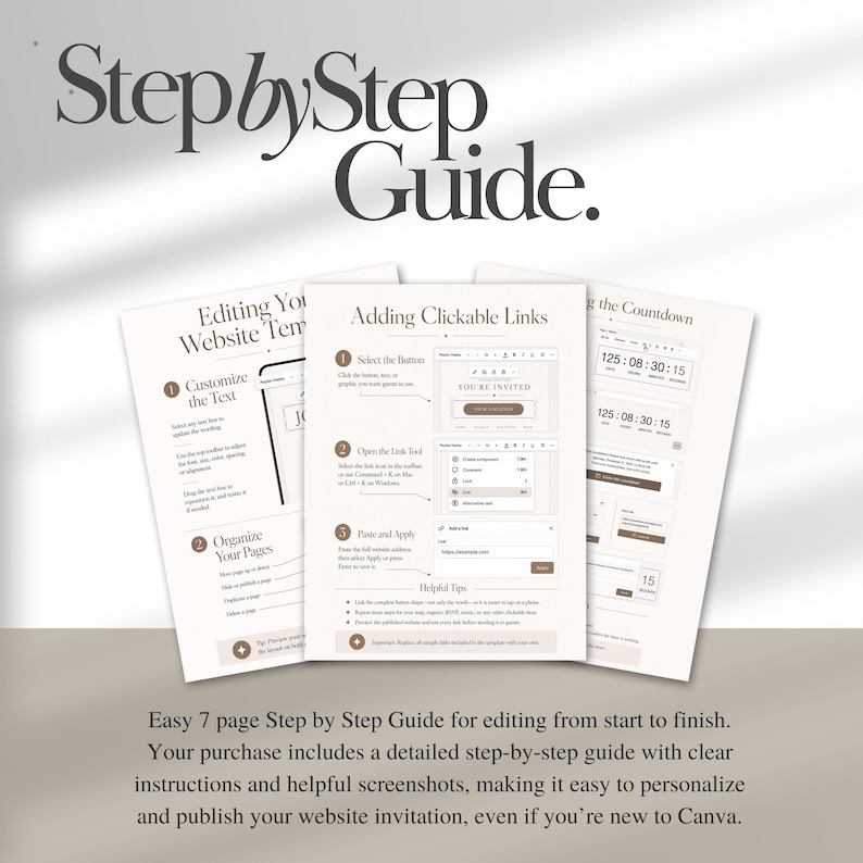 May include: A seven-page step-by-step guide document featuring instructions for editing website templates, adding clickable links, and managing countdowns. The pages contain text, numbered steps, and screenshots on a white background.