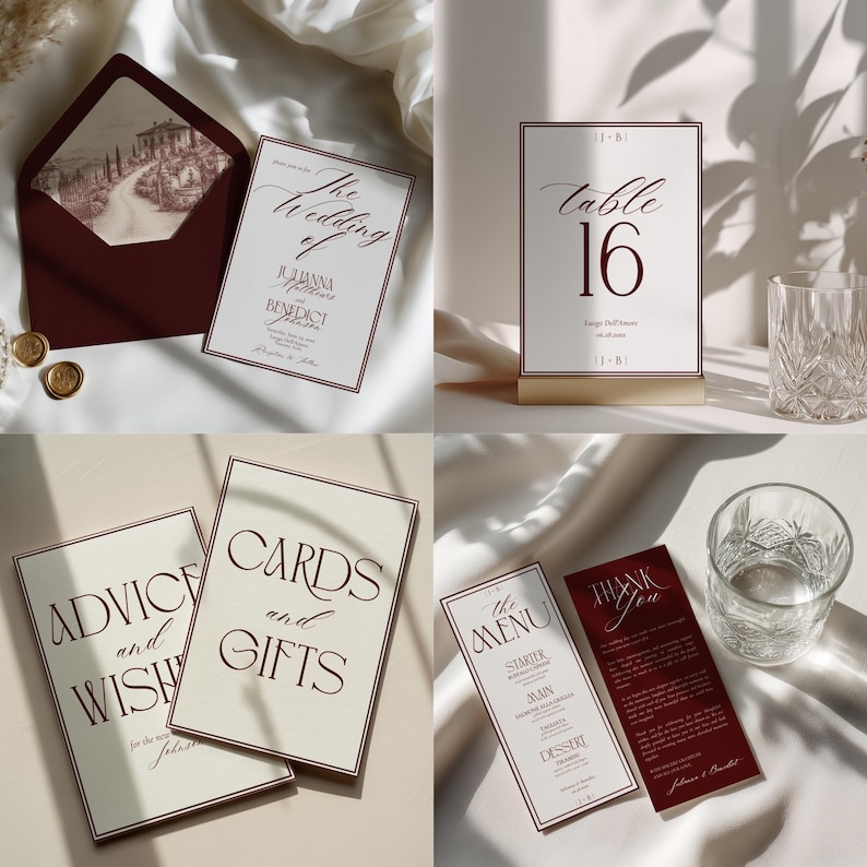 May include: A wedding stationery set featuring white and deep red cards with elegant typography. Includes an envelope with a landscape illustration, a table number 16 card, signage for advice and gifts, a menu, and a thank you note.