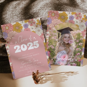 Faire-part de fête de remise des diplômes fleurs sauvages, invitation florale de fille rose pour diplômés, fleur bohème moderne, faire-part de diplômé senior