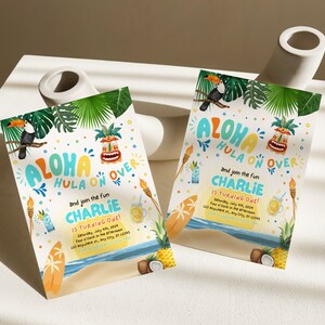 May include: Two colorful invitations for a luau themed birthday party. The invitations feature a toucan, a tiki mask, and the text "Aloha Hula On Over" and "Charlie is turning one!"