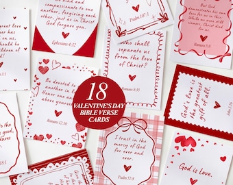 May include: A collection of 18 Valentine's Day Bible verse cards. The cards feature red and white designs with heart motifs and various Bible verses. The cards are arranged on a white surface.