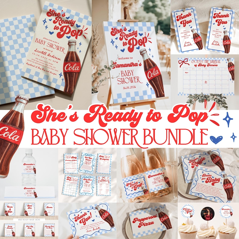 Może przedstawiać: Zestaw na baby shower w stylu retro. Projekt zawiera ilustrację butelki coli i frazę "She's Ready to Pop". Zawiera zaproszenia, kartki z podziękowaniami i inne artykuły imprezowe. Schemat kolor&oacute;w to czerwony, biały i niebieski.