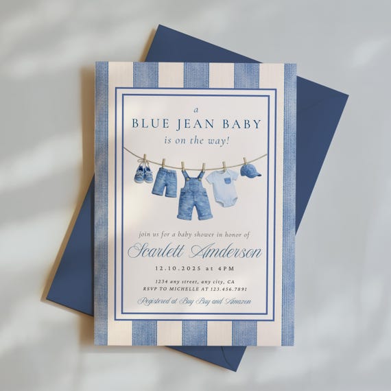 Blue Jean Baby Shower Invite, Denim Baby Shower Invitation, Western Denim Jean Boy Baby Shower Decor, Editable Template, Digital Trendy
