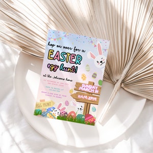 May include: A colorful Easter egg hunt invitation with a bunny rabbit, eggs, and a sign that says "Sunday March 31 11AM-2PM".